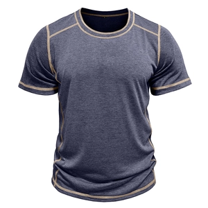 Close-up of men's Henley T-shirt featuring contrast yellow stitching on grey fabric