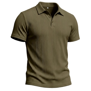 Macro detail of men's polo shirt showing olive green vertical pleated texture and collar