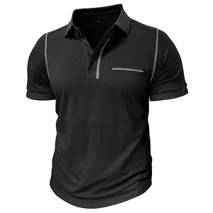 Detail of black polo shirt featuring grey contrast stitching on collar and pocket