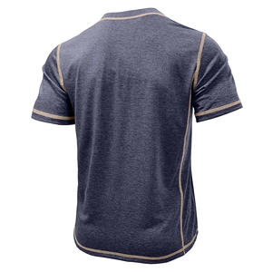 Detail view of contrast yellow stitching on navy short-sleeved henley shirt back