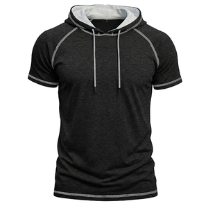 Detail view of contrast white stitching on dark grey hooded t-shirt with adjustable drawstrings