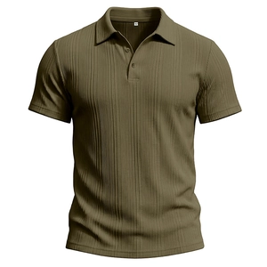 Macro shot of olive green ribbed polo shirt collar with three-button placket and fabric texture