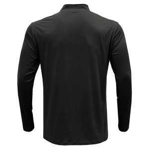 Close-up of the back view of a black long-sleeved athletic t-shirt with a high collar and stitching