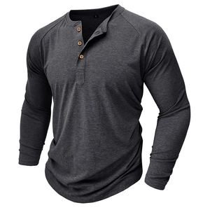 Men's slim fit long sleeve dark grey heather Henry shirt with three wooden buttons