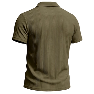 Rear view of men's olive green short-sleeve polo shirt with vertical ribbed texture