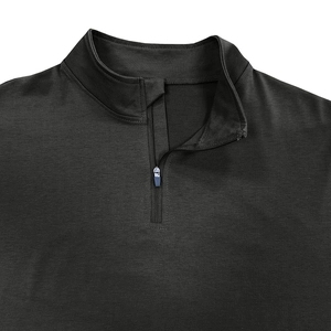 Close-up of the silver zipper and mock neck collar on a black long sleeve polo shirt
