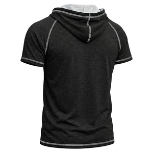 Rear view of dark grey hooded short sleeve t-shirt with contrast white stitching details