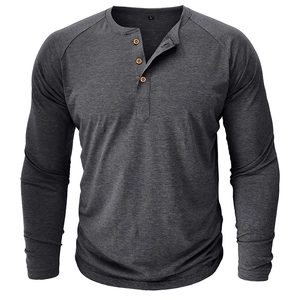 Detailed close-up of dark grey long-sleeved Henley shirt collar and wood-textured buttons