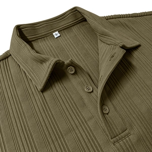 Detailed macro view of olive green ribbed polo shirt fabric and size L neck label