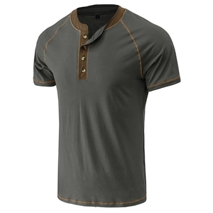 Close-up of charcoal Henley shirt with brown contrast collar and orange stitching detail
