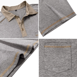 Detail of grey men's polo shirt showing khaki contrast stitching and chest pocket