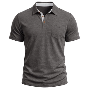 Close-up of a dark grey Polo shirt collar detail showing contrast white lining and size XL tag
