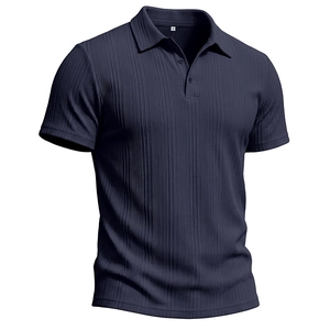 Detail of navy blue short sleeve polo shirt showing vertical ribbed texture and 3-button placket