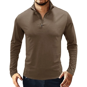 Detail of coffee brown men's quarter-zip pullover with ribbed knit texture and stand collar