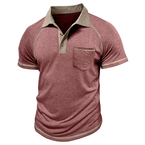 Detail of brick red waffle knit polo shirt with khaki contrast collar and wooden buttons