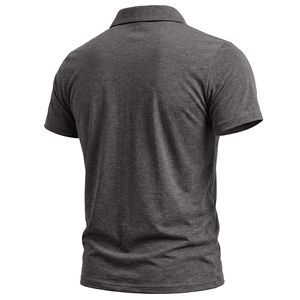 Detailed back view of a men's dark grey polo shirt with premium marl fabric texture