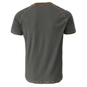 Detail of men's dark grey henley T-shirt back with brown contrast stitching accents