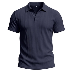 Detail of navy blue polo shirt with unique vertical pleated texture and inner size tag