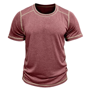 Detail of grey and wine red contrast stitching on men's short sleeve Henley shirt