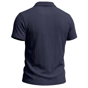 Detailed back view of a slim-fit navy blue polo shirt featuring fine vertical ribbed texture