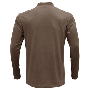Back view of brown long sleeve polo shirt featuring stand collar and slim fit design
