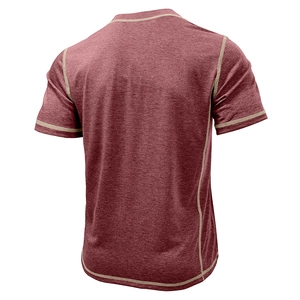 Detailed back view of men's heather burgundy t-shirt with contrast flatlock stitching