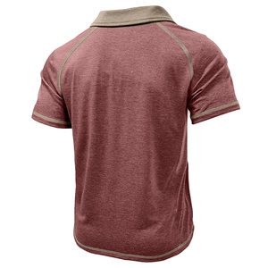 Rear view of burgundy polo shirt with contrast khaki collar and raglan sleeve construction