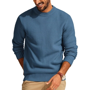 Men's navy blue waffle knit sweater with crew neck and ribbed cuffs in a regular fit