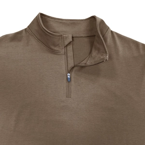 Detailed close-up of brown long sleeve polo shirt featuring 1/4 zipper and knit texture