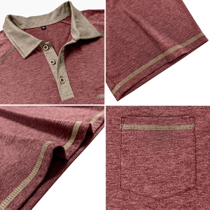 Detailed close-up of burgundy polo shirt with grey contrast collar and chest pocket texture