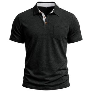 Detail of dark grey Polo shirt showing white contrast collar and buttoned chest pocket