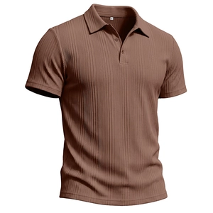 Detailed view of dark brown short sleeve polo shirt with vertical ribbed texture and 3 buttons