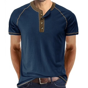 Detailed close-up of navy Henley shirt with brown contrast stitching and button placket