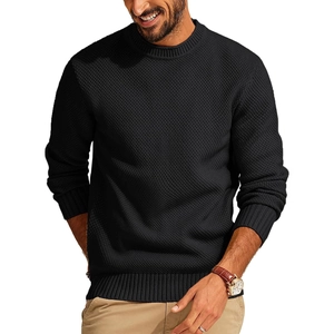 Classic men's black crewneck waffle knit sweater in a comfortable casual slim fit style