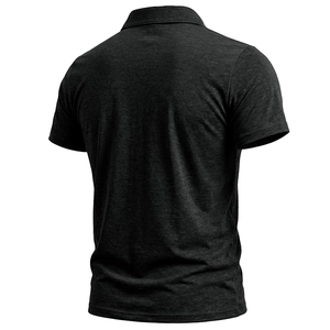 Rear view of a charcoal gray short-sleeved slim-fit polo shirt with textured knit fabric