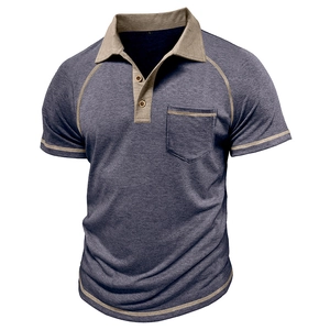 Close-up of heather grey polo shirt with khaki contrast trim and wooden buttons