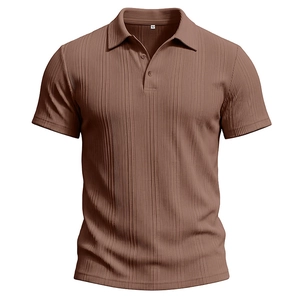 Detail of coffee brown short sleeve polo shirt showing vertical pleated texture fabric