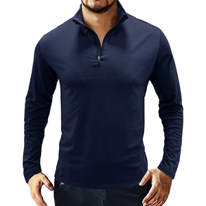 Detail of navy blue men's polo shirt featuring a stand collar and quarter-zip closure