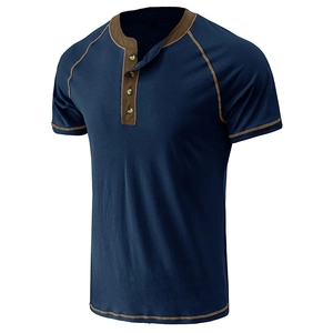 Detail of navy Henley shirt featuring contrast brown stitching and three-button placket