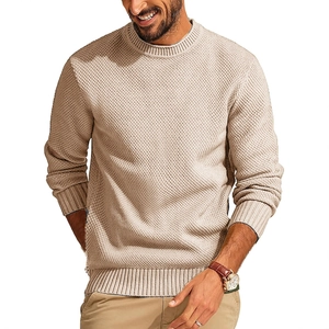 Men's khaki waffle knit sweater with classic crew neck and ribbed cuffs in casual style