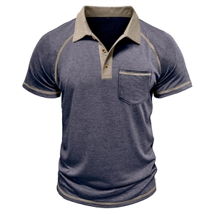Detail of navy blue waffle knit polo shirt with khaki contrast trim and wooden buttons