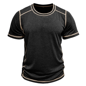 Detail view of contrast stitching on dark gray men's short sleeve crew neck henley t-shirt