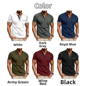 Close-up of six color options for the men's Henley shirt with contrast trim and chest pocket