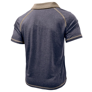 Rear view of men's polo shirt with raglan sleeves and contrast khaki stitching details