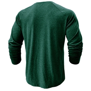 Rear view of long sleeve raglan t-shirt in heathered dark green with crew neck design