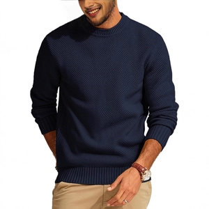 Men's navy blue crew neck waffle knit sweater with ribbed cuffs and casual style