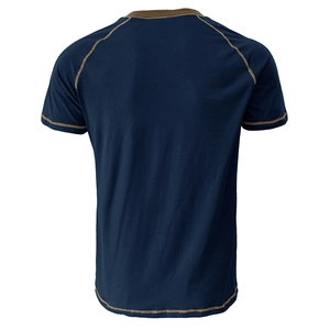 Rear view of navy blue Henley T-shirt featuring brown contrast stitching and raglan sleeves