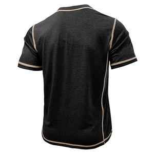 Rear view detail of dark gray short sleeve t-shirt showing brown contrast stitching