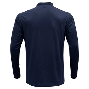 Back view of a men's navy blue long sleeve polo shirt with standing collar and half-zipper