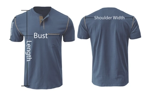 Detailed size chart showing bust and length for grey henley shirt with contrast pocket